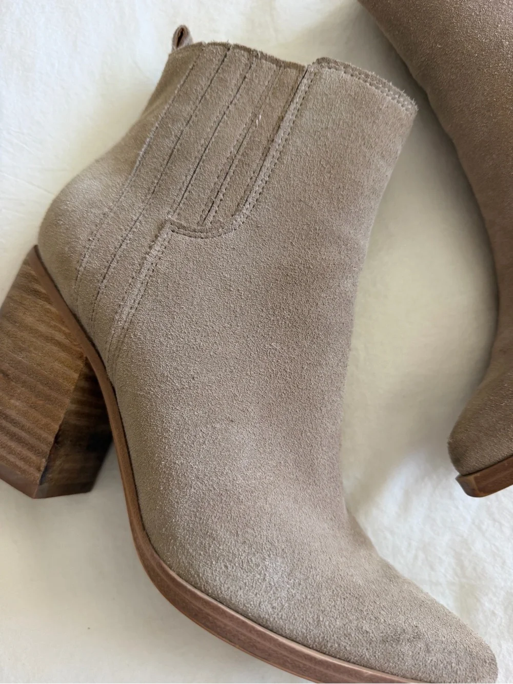 Marc Fisher Taupe Suede Stacked Heel Ankle Booties